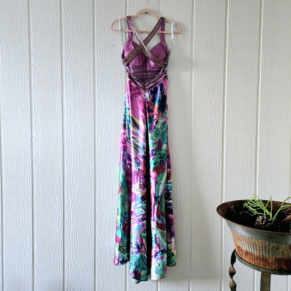 Davids Bridal Mermaid Prom Dress Beaded Sequin Criss Cross Straps Watercolor 1/2 - Picture 3 of 9